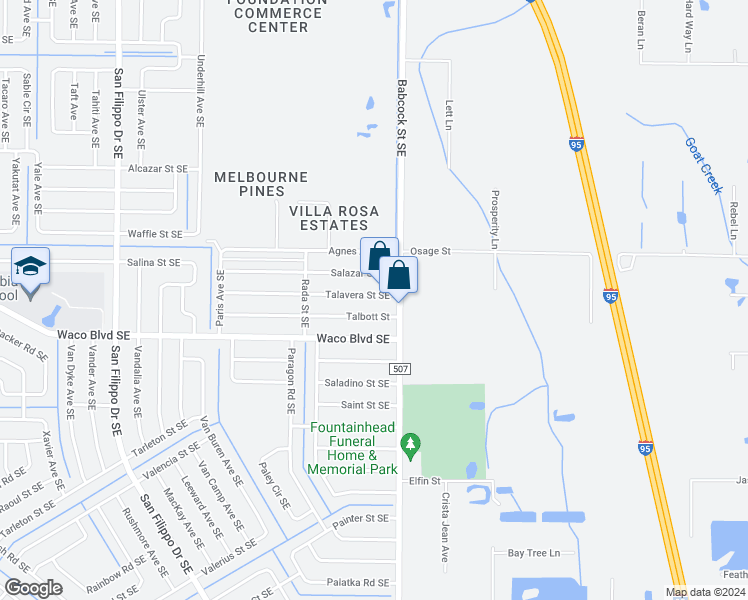 map of restaurants, bars, coffee shops, grocery stores, and more near 1672 Talavera Street Southeast in Palm Bay