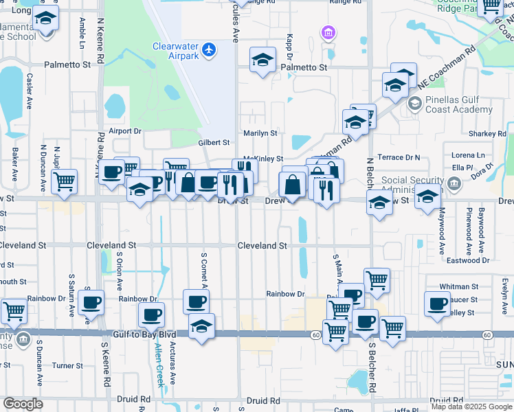 map of restaurants, bars, coffee shops, grocery stores, and more near 2045 Florida 590 in Clearwater