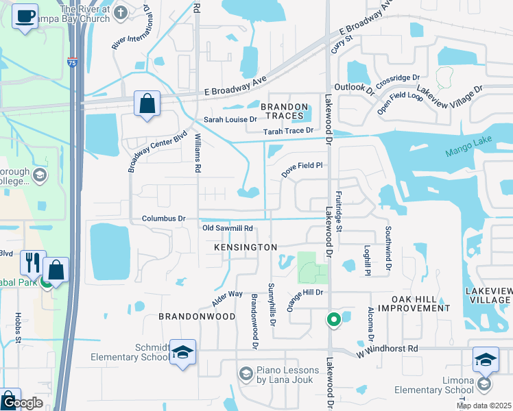 map of restaurants, bars, coffee shops, grocery stores, and more near 1908 Dove Field Place in Brandon
