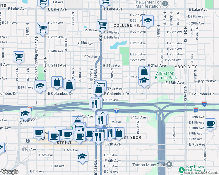 map of restaurants, bars, coffee shops, grocery stores, and more near 2212 East 17th Avenue in Tampa