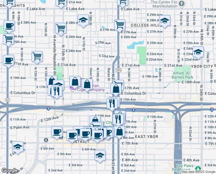 map of restaurants, bars, coffee shops, grocery stores, and more near 2710 North 20th Street in Tampa