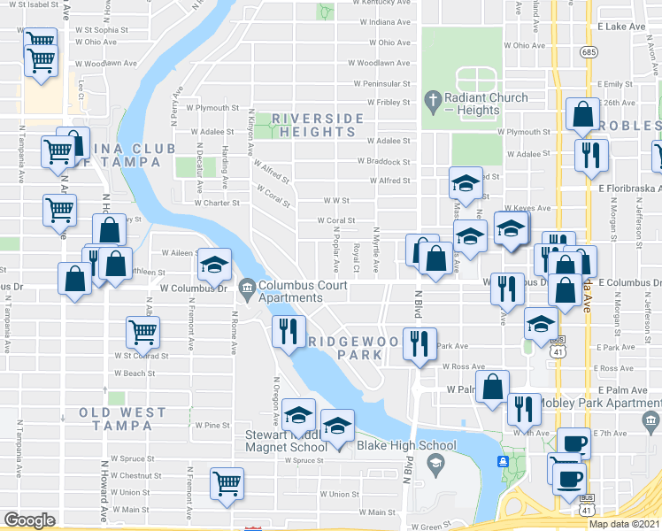 map of restaurants, bars, coffee shops, grocery stores, and more near 2705 North Poplar Avenue in Tampa