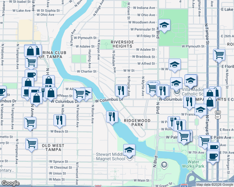 map of restaurants, bars, coffee shops, grocery stores, and more near 2704 North Essex Court in Tampa