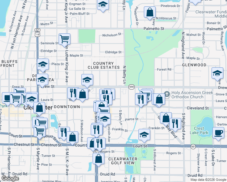 map of restaurants, bars, coffee shops, grocery stores, and more near 123 Kenwood Avenue in Clearwater