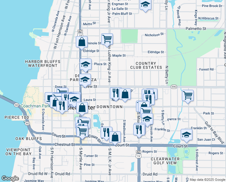 map of restaurants, bars, coffee shops, grocery stores, and more near 1108 Grove Street in Clearwater