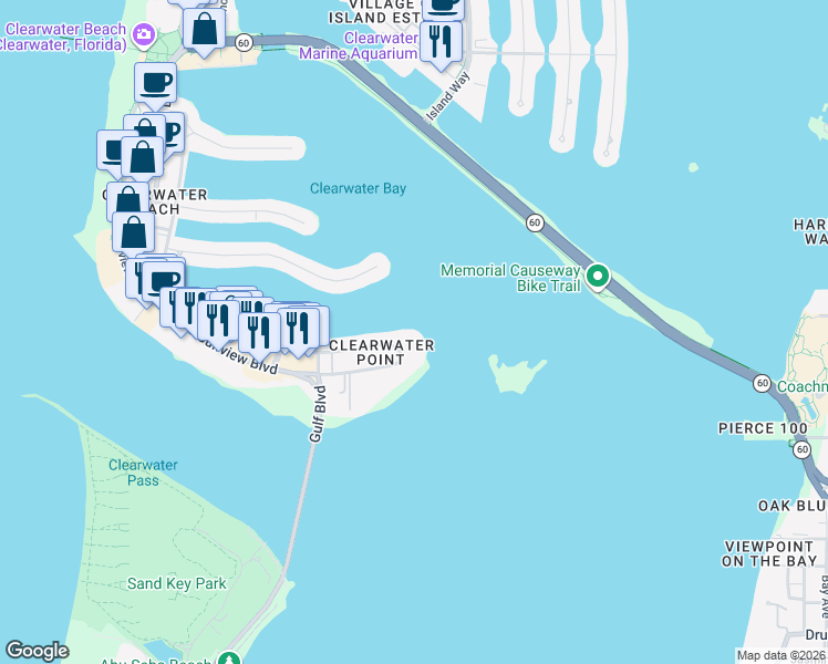 map of restaurants, bars, coffee shops, grocery stores, and more near 868 Bayway Boulevard in Clearwater
