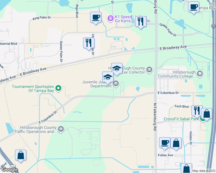 map of restaurants, bars, coffee shops, grocery stores, and more near 9504 East Columbus Drive in Tampa