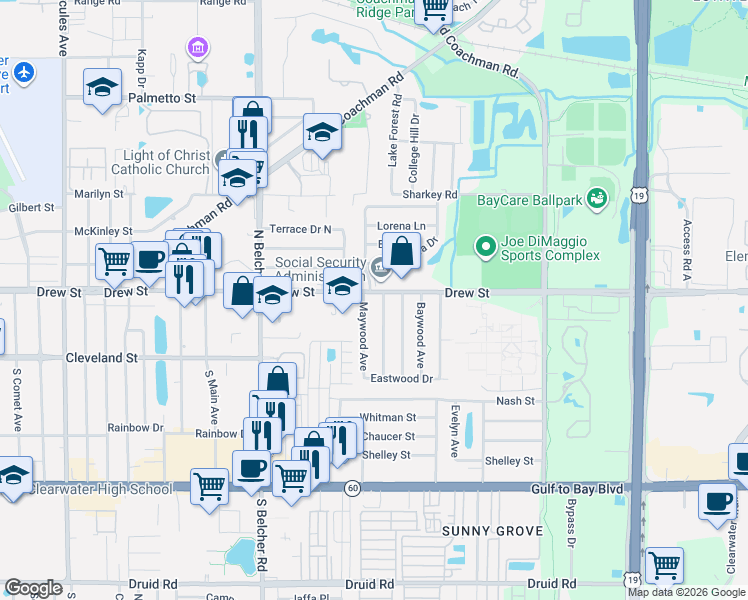 map of restaurants, bars, coffee shops, grocery stores, and more near 121 Maywood Avenue in Clearwater