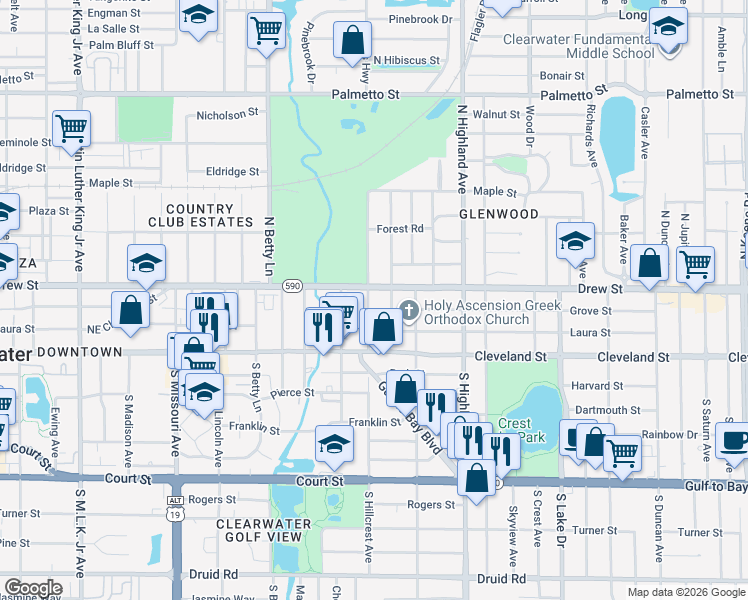 map of restaurants, bars, coffee shops, grocery stores, and more near 119 North Hillcrest Avenue in Clearwater