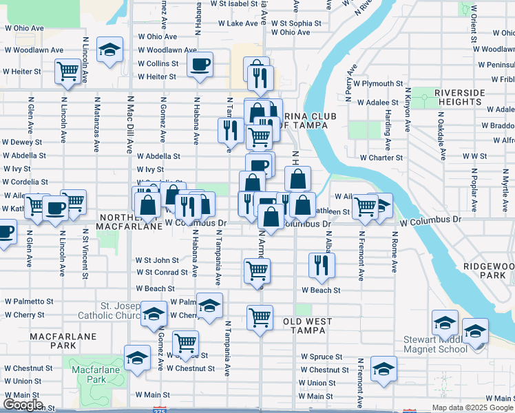 map of restaurants, bars, coffee shops, grocery stores, and more near 3101 North Armenia Avenue in Tampa