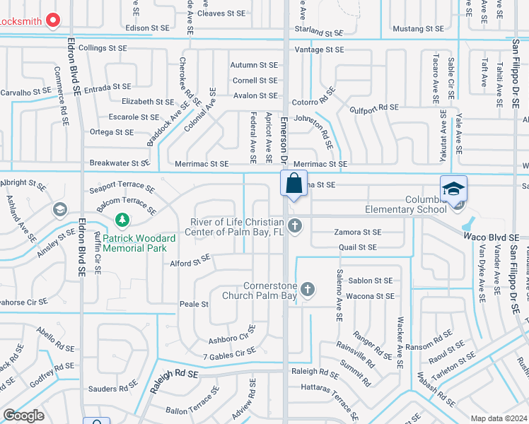 map of restaurants, bars, coffee shops, grocery stores, and more near 877 7 Gables Circle Southeast in Palm Bay