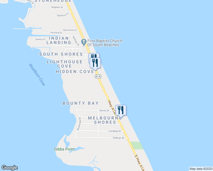 map of restaurants, bars, coffee shops, grocery stores, and more near 5735 South Highway A1A in Melbourne Beach