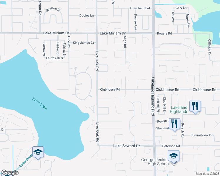 map of restaurants, bars, coffee shops, grocery stores, and more near 5340 Sandra Way in Lakeland