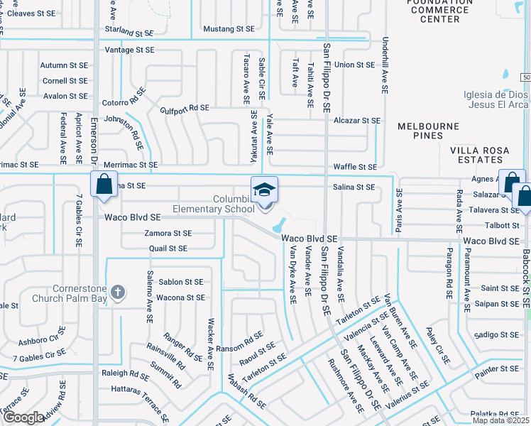 map of restaurants, bars, coffee shops, grocery stores, and more near 1225 Waco Boulevard Southeast in Palm Bay