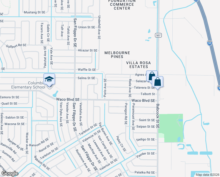 map of restaurants, bars, coffee shops, grocery stores, and more near 1428 Talavera Street Southeast in Palm Bay