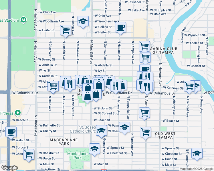 map of restaurants, bars, coffee shops, grocery stores, and more near 2923 West Kathleen Street in Tampa