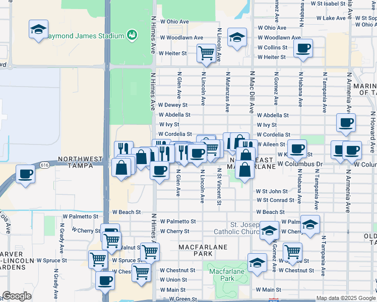 map of restaurants, bars, coffee shops, grocery stores, and more near 3315 West Kathleen Street in Tampa