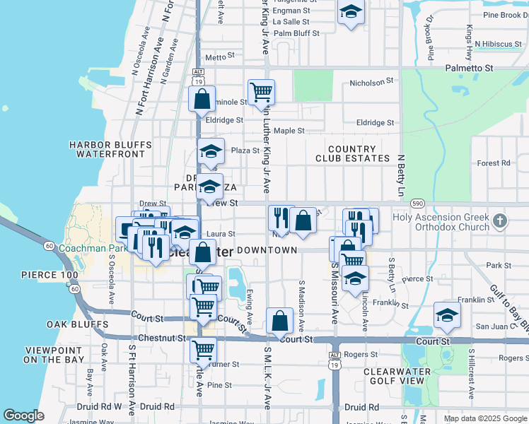 map of restaurants, bars, coffee shops, grocery stores, and more near 114 North Martin Luther King Junior Avenue in Clearwater