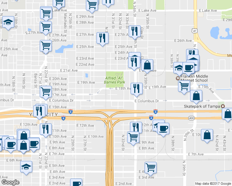 map of restaurants, bars, coffee shops, grocery stores, and more near 3110 East 17th Avenue in Tampa