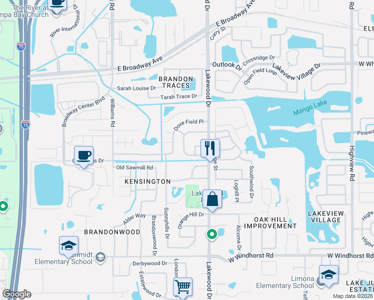 map of restaurants, bars, coffee shops, grocery stores, and more near 1718 Lakecrest Avenue in Brandon
