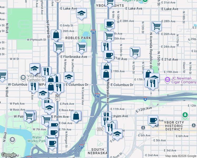 map of restaurants, bars, coffee shops, grocery stores, and more near 701 East Forest Avenue in Tampa