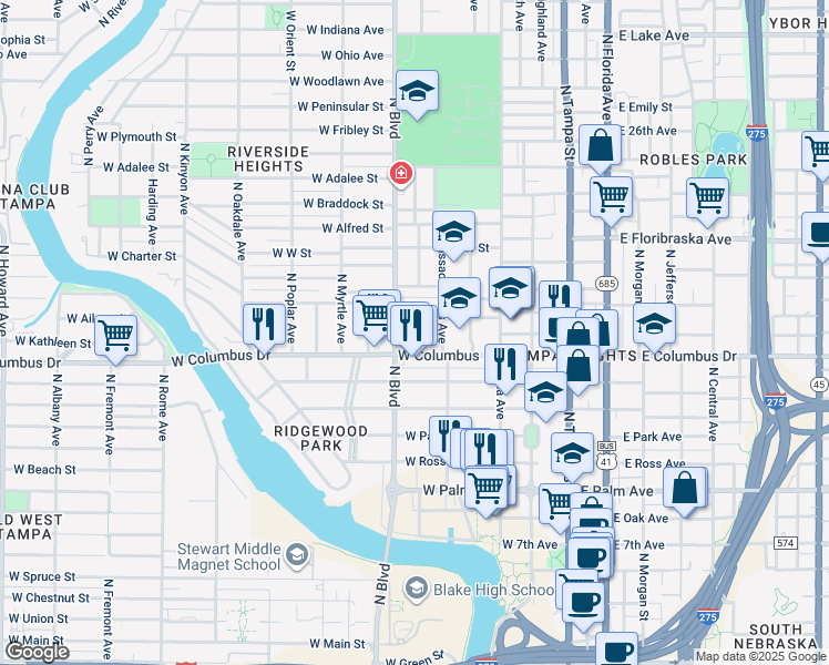 map of restaurants, bars, coffee shops, grocery stores, and more near in Tampa
