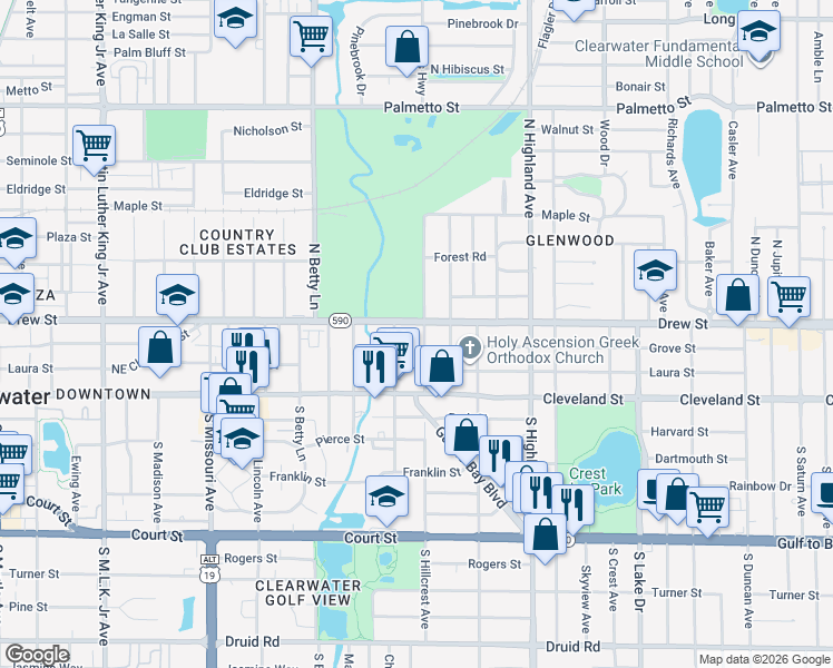map of restaurants, bars, coffee shops, grocery stores, and more near 119 North Hillcrest Avenue in Clearwater