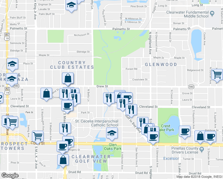 map of restaurants, bars, coffee shops, grocery stores, and more near 119 North Evergreen Avenue in Clearwater