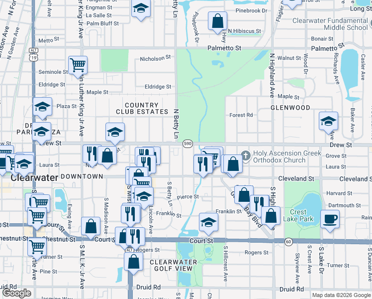 map of restaurants, bars, coffee shops, grocery stores, and more near 124 North Fredrica Avenue in Clearwater