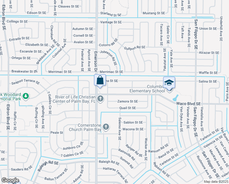 map of restaurants, bars, coffee shops, grocery stores, and more near 927 Waco Boulevard Southeast in Palm Bay