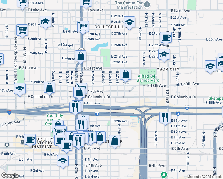 map of restaurants, bars, coffee shops, grocery stores, and more near 2602 East 17th Avenue in Tampa