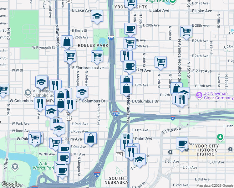 map of restaurants, bars, coffee shops, grocery stores, and more near 701 East Forest Avenue in Tampa
