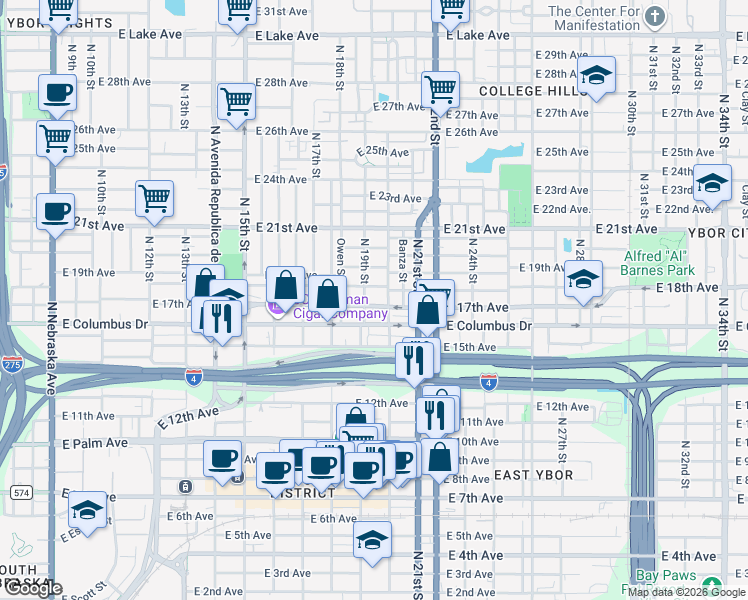 map of restaurants, bars, coffee shops, grocery stores, and more near 1908 East 17th Avenue in Tampa