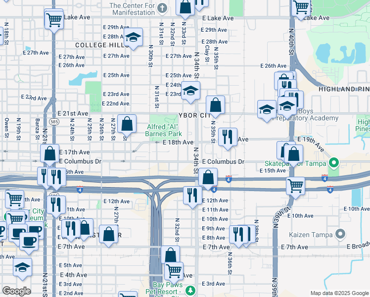 map of restaurants, bars, coffee shops, grocery stores, and more near 2710 North 33rd Street in Tampa