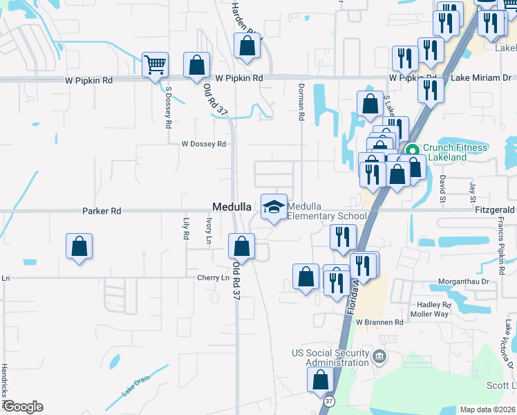 map of restaurants, bars, coffee shops, grocery stores, and more near 893 School House Road in Lakeland