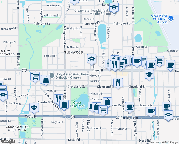 map of restaurants, bars, coffee shops, grocery stores, and more near 141 North Lake Drive in Clearwater