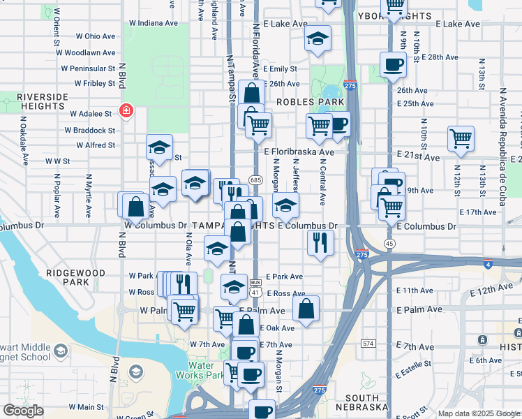 map of restaurants, bars, coffee shops, grocery stores, and more near 2722 Florida 685 in Tampa