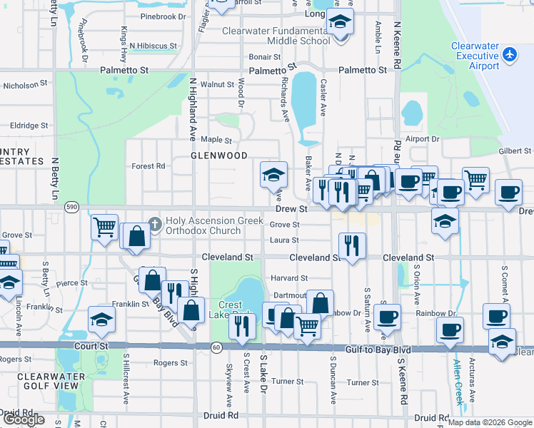 map of restaurants, bars, coffee shops, grocery stores, and more near 1566 Grove Street in Clearwater