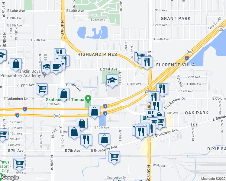map of restaurants, bars, coffee shops, grocery stores, and more near 2716 North 46th Street in Tampa