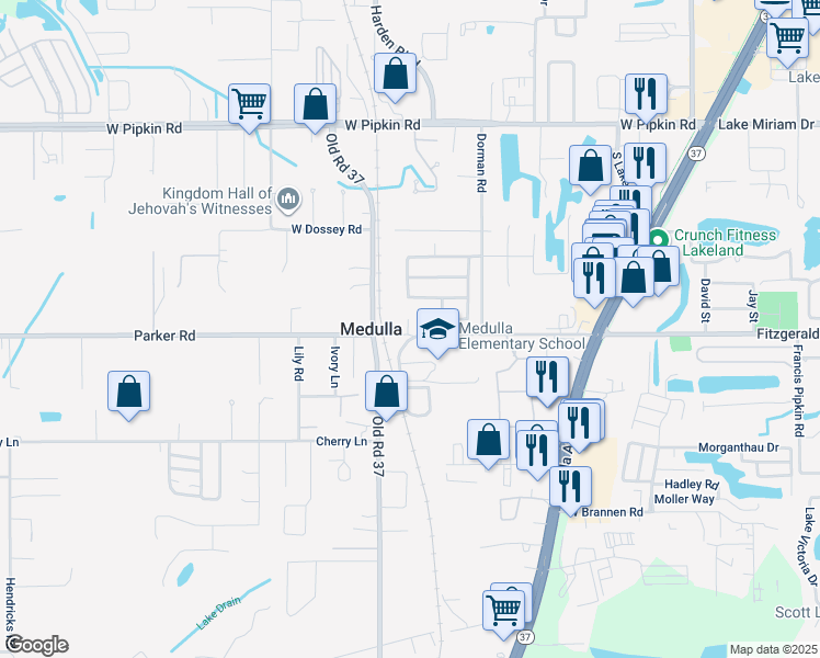 map of restaurants, bars, coffee shops, grocery stores, and more near 893 School House Road in Lakeland