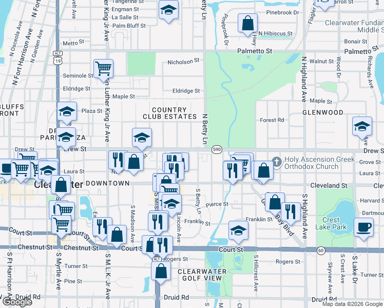 map of restaurants, bars, coffee shops, grocery stores, and more near 123 Kenwood Avenue in Clearwater