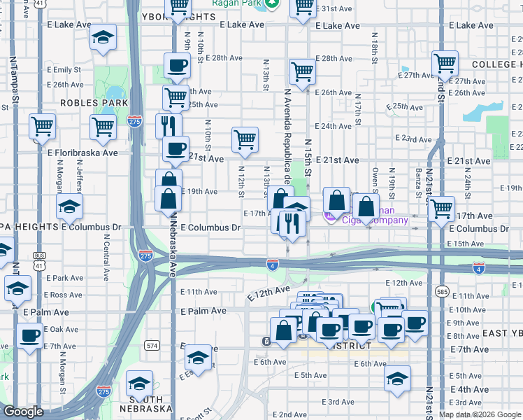 map of restaurants, bars, coffee shops, grocery stores, and more near 1213 East 17th Avenue in Tampa