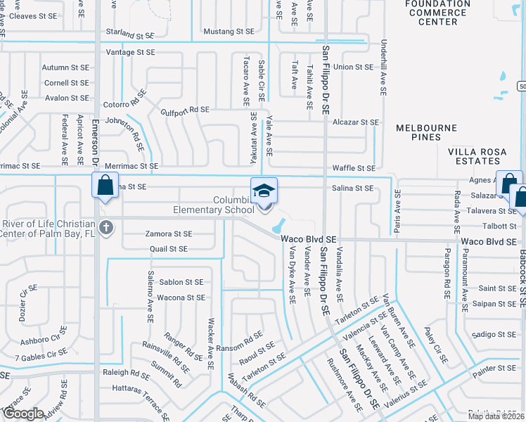 map of restaurants, bars, coffee shops, grocery stores, and more near 1225 Waco Boulevard Southeast in Palm Bay