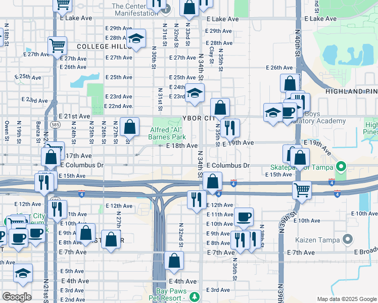 map of restaurants, bars, coffee shops, grocery stores, and more near 2710 North 33rd Street in Tampa