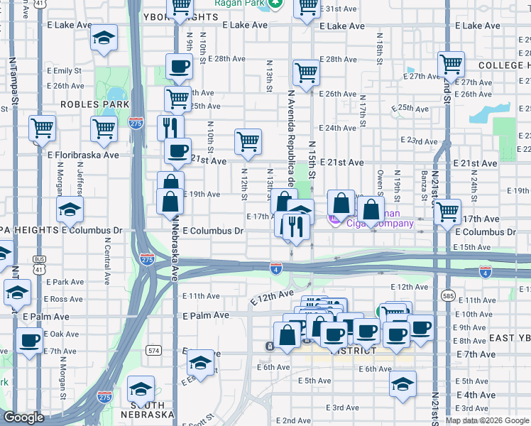 map of restaurants, bars, coffee shops, grocery stores, and more near 1213 East 17th Avenue in Tampa