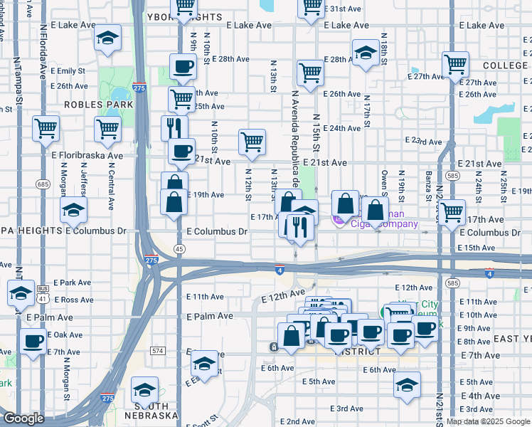map of restaurants, bars, coffee shops, grocery stores, and more near 1213 East 17th Avenue in Tampa