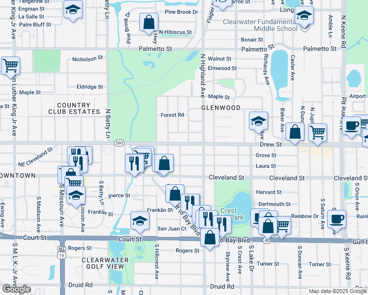 map of restaurants, bars, coffee shops, grocery stores, and more near 118 North San Remo Avenue in Clearwater