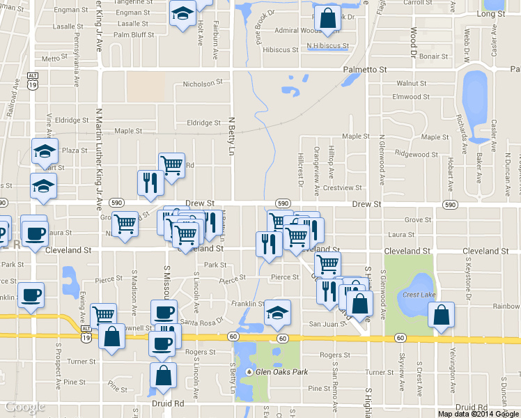 map of restaurants, bars, coffee shops, grocery stores, and more near 111 North Lady Mary Drive in Clearwater