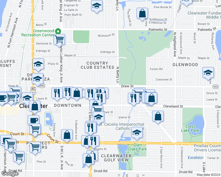map of restaurants, bars, coffee shops, grocery stores, and more near 123 Kenwood Avenue in Clearwater