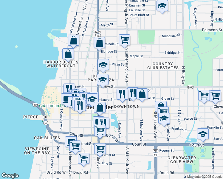 map of restaurants, bars, coffee shops, grocery stores, and more near 124 Booth Avenue in Clearwater